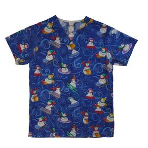 Sledding Snowman Blue Scrub Top Womens Small S/S Christmas Holiday Fundamentals